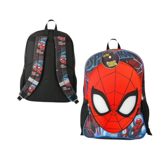Spiderman Mask Face Light Up Red and Black Backpack with Blue Accents - Picture 1 of 10